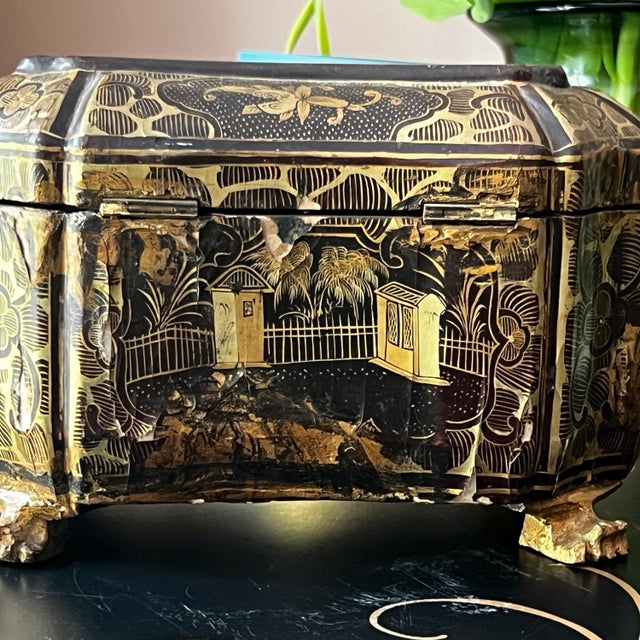 Antique chinoiserie-painted wood tea caddy with tins inside // chippy finish // lacquer // gold and black // scenic box with paw feet For Sale - Image 13 of 18