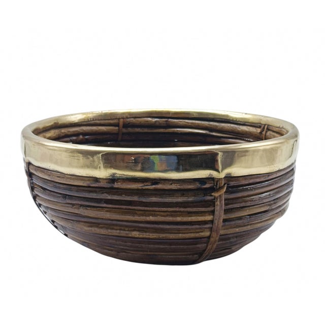 Wood Rattan and Brass Basket, Italy, 1970s For Sale - Image 7 of 7