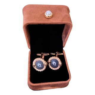 Vintage Christian Dior Gold Plate & Onyx Cufflinks "Circa 1980" In Bochic Case For Sale