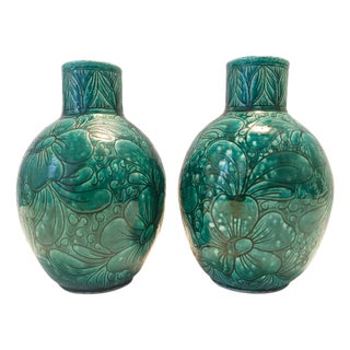 Handcrafted Green Ceramic Vases attributed to Fratelli Fanciullacci, Italy, 1960s, Set of 2 For Sale