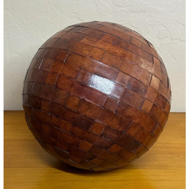 Vintage Large Basket Weave Leather Clad Wood Decorative Ball Sphere Orb For Sale In Phoenix - Image 6 of 12