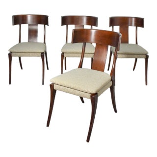 Mid Century Walnut Klismos Upholstered Side Chairs - Set of 4 For Sale