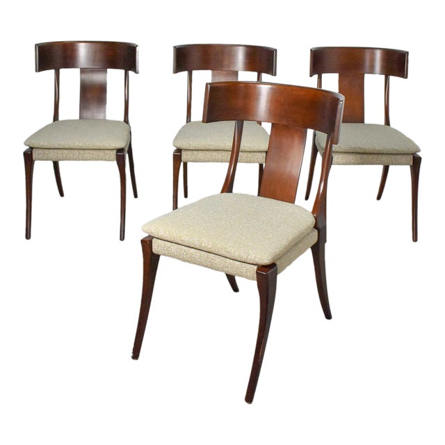Mid Century Walnut Klismos Upholstered Side Chairs - Set of 4 For Sale