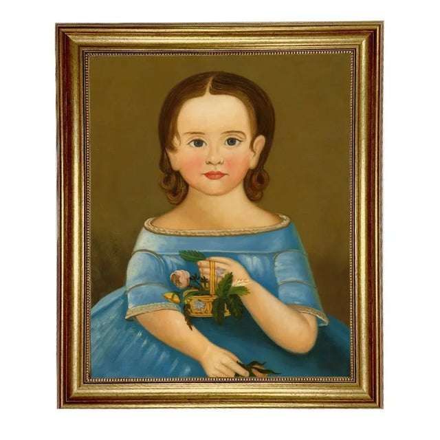 "Girl in Blue Dress" Canvas Print in Antiqued Gold Frame- a 16" X 20" Framed to 19-1/2" X 23-1/2". For Sale - Image 4 of 4