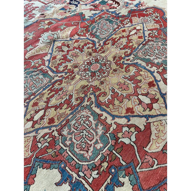 Brown Antique Persian Heriz Carpet Handmade Wool Oriental Rug, Light, Pink, Light Blue For Sale - Image 8 of 18