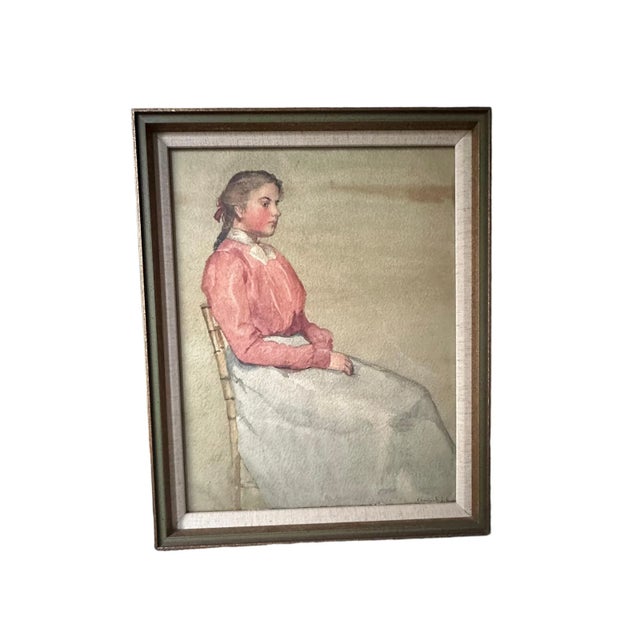 Light Pink Antique Watercolor Painting, Portrait of Sitting Woman by Annie S. Johnson, Framed For Sale - Image 8 of 9