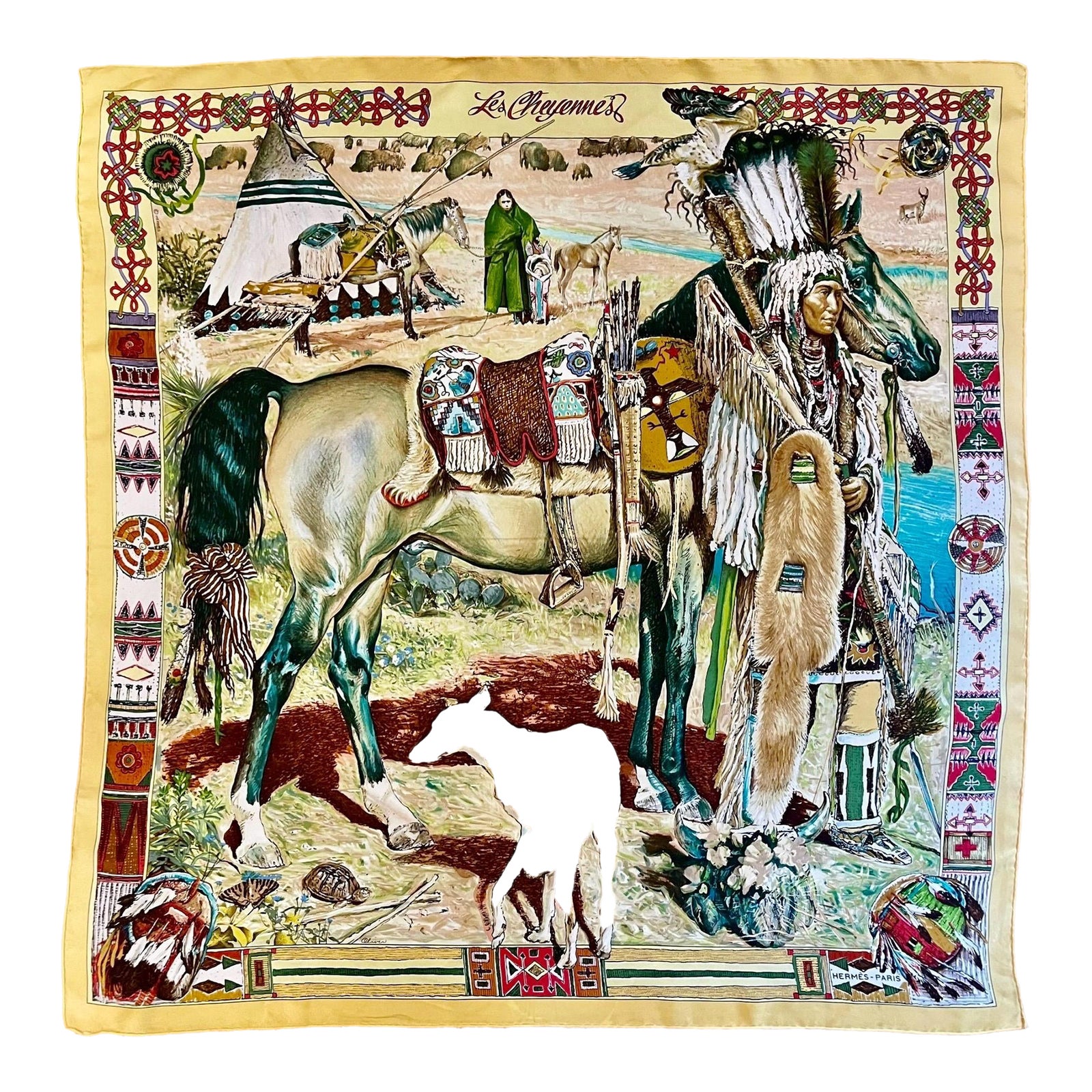 Hermes Les Cheyennes 1993 Oliver Kermit Silk Scarf | Chairish