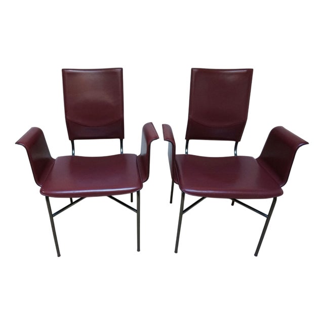 Armchairs in Bordeaux Red Leather by Ross Littell for Matteo Grassi, Steel, Italy, 1980s, Set of 2 For Sale