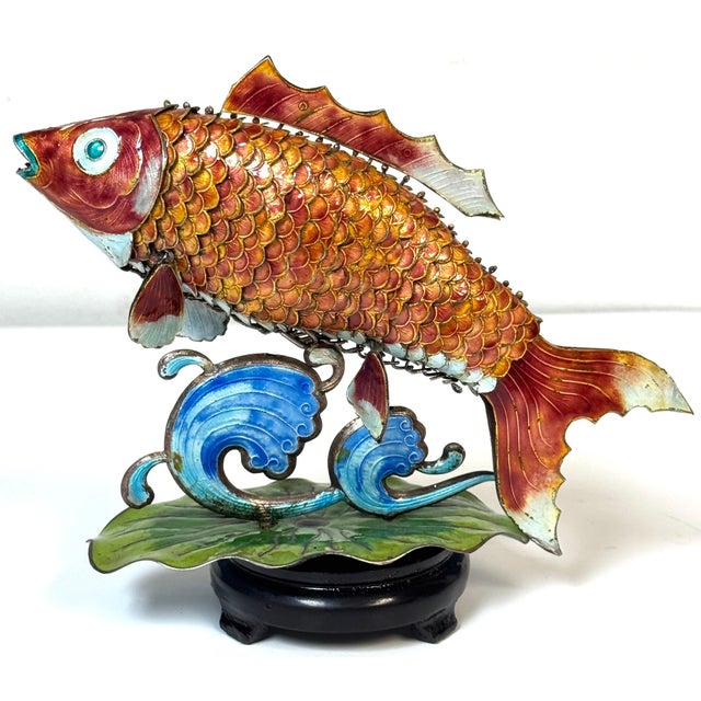 Chinese Export Silver & Enameled Articulated Carp Lotus and Wave Stand, C. 1900 For Sale - Image 10 of 18