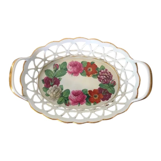 Antique 18th Century German Furstenberg Porcelain Reticulated Fruit Bowl Painted with Flower Garland For Sale