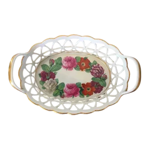 Antique 18th Century German Furstenberg Porcelain Reticulated Fruit Bowl Painted with Flower Garland