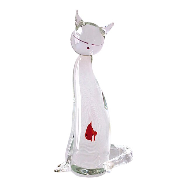Italian Murano Art Glass Cat and Goldfish Sculpture For Sale