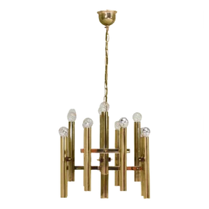 Italian Brass Chandelier 12 Spot Pendant Lamp by Gaetano Sciolari, 1970s