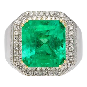 GRS 9.54 Carat Colombian Emerald Insignificant Oil and Diamond Halo Mens Ring, Size 8.5