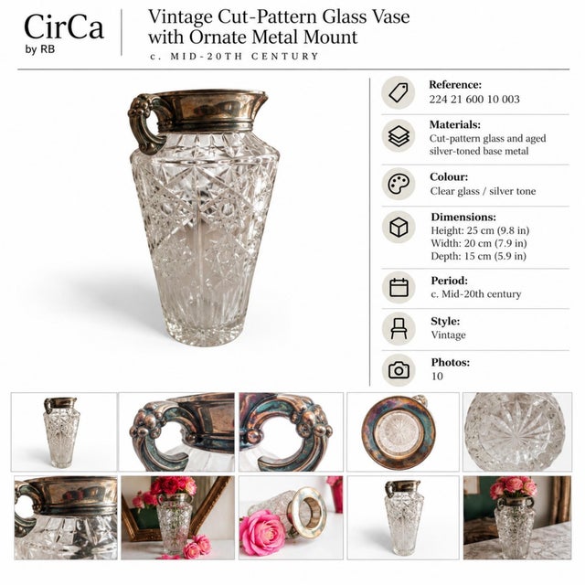 Mid-Century Cut-Pattern Glass Vase with Ornate Metal Mount, 1950s For Sale - Image 11 of 12