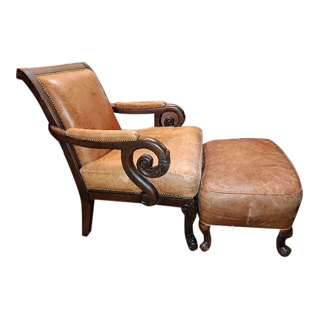 1990s Henredon High Back Chair & Matching Ottoman, Attributed For Sale