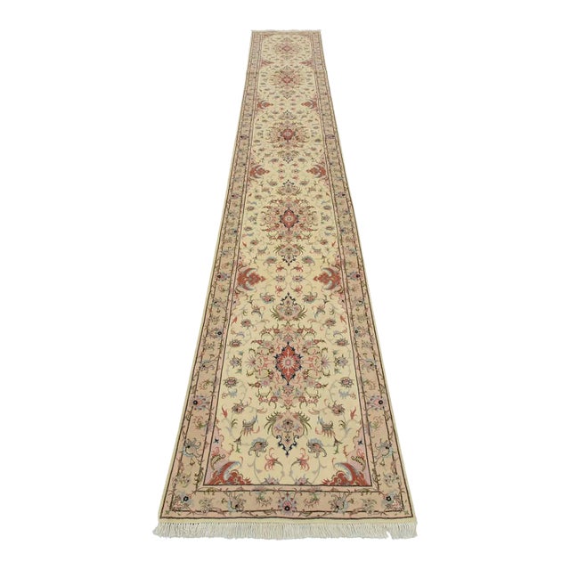 Fine Tabriz Runner 2’8” X 15’6” Ivory Wool Traditional Hand-Knotted Oriental Rug For Sale