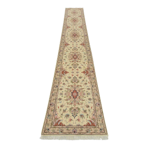 Fine Tabriz Runner 2’8” X 15’6” Ivory Wool Traditional Hand-Knotted Oriental Rug