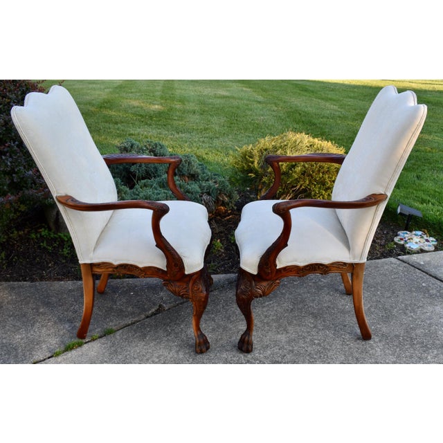 Vtg. Pair of Carved Mahogany Federal Style Arm Chairs With Claw Feet For Sale - Image 14 of 18
