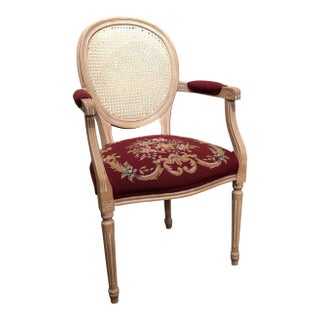 Vintage Louis XVI Cane Back Needlepoint Armchair For Sale