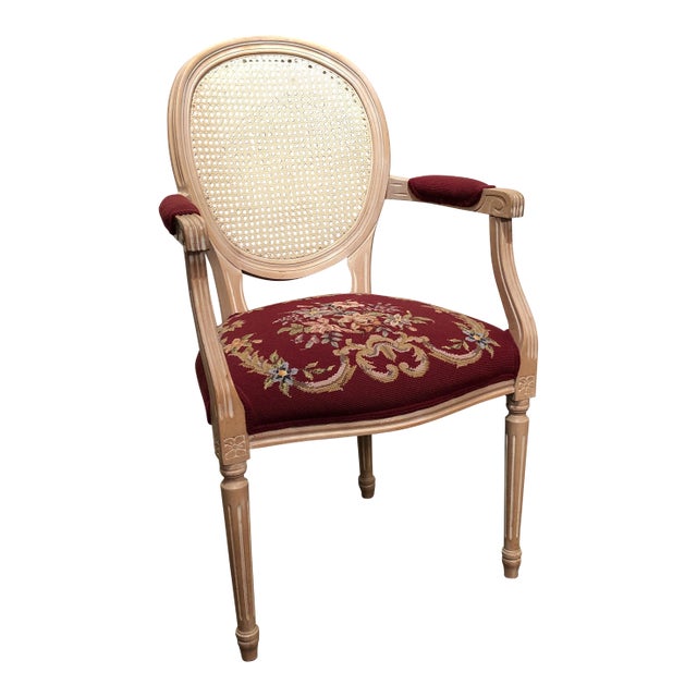 Vintage Louis XVI Cane Back Needlepoint Armchair For Sale