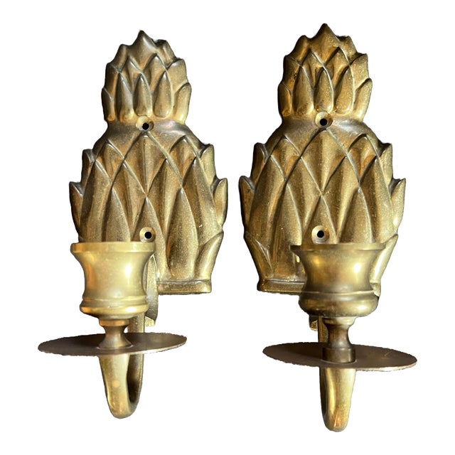 Vintage Brass Pineapple Candle Wall Sconces - a Pair For Sale