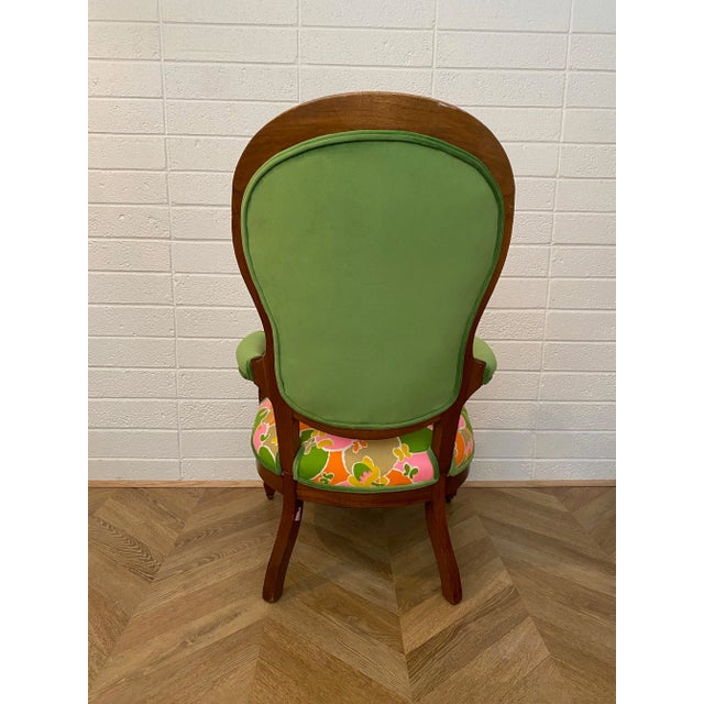 Victorian Early 1900s Victorian Wooden Armchair Upholstered in Vintage Colorful Groovy Print Fabric and Green Velvet For Sale - Image 3 of 12
