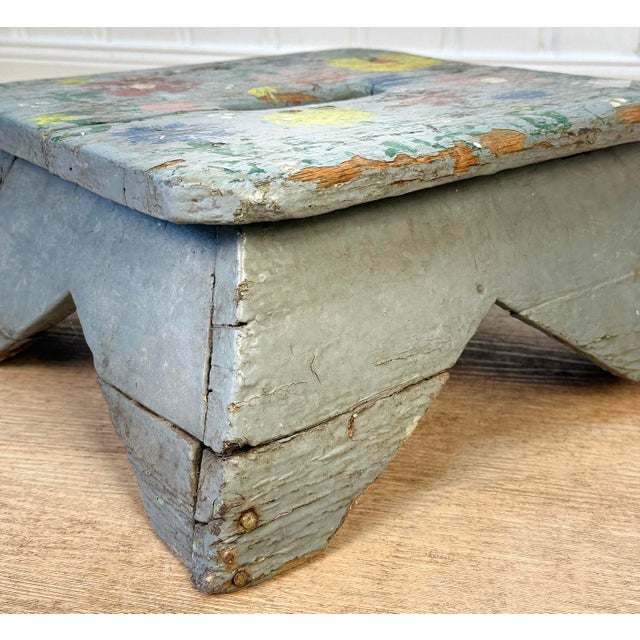 Gray Antique Primitive Farmhouse Gray Floral Footstool For Sale - Image 8 of 12