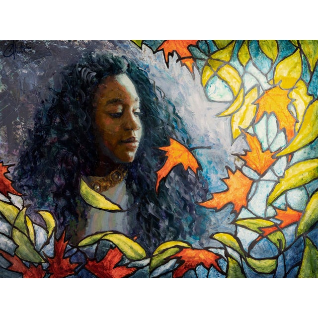The Silence of Light by Christopher Clark | Mixed media on wood panel portrait of a woman with leaves For Sale