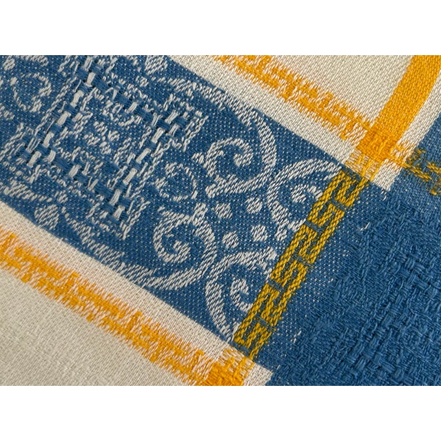 Vintage European Linen Napkins, Blue & Mustard Jacquard Plaid With Damask Border, Hemstitched - Set of 6 For Sale In Los Angeles - Image 6 of 12