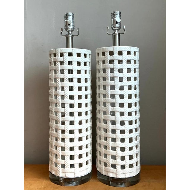 Vintage Lattice Ceramic and Chrome Lamps - Pair For Sale - Image 10 of 12