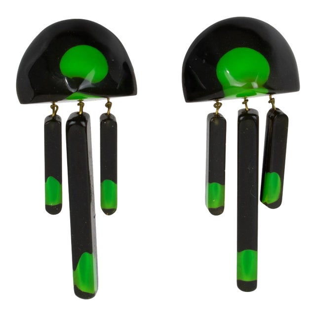Black and Green Lucite Geometric Dangle Clip Earrings - 2 Pieces For Sale