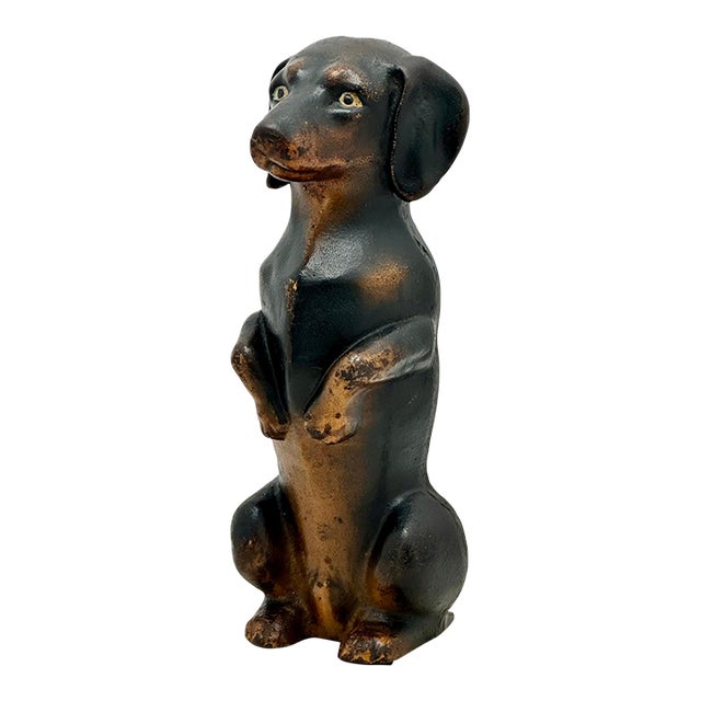 Outstanding & Very Rare Large Vintage Cast Iron "Begging Dachshund" Signed by Maker & Dated 1931 - 11 Inches Tall For Sale