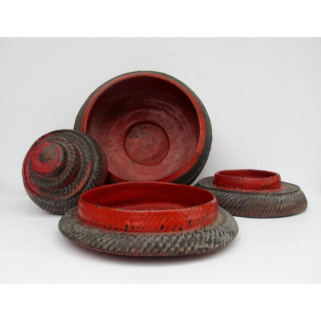 Wood C1910-1930's Antique Chinese Lacquer Red Tiered & Footed Lidded Picnic or Lunch Basket For Sale - Image 7 of 13