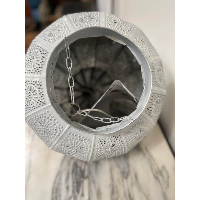 Metal 21st Century Moroccan White Painted Pierced Metal Hanging Pendant Shade For Sale - Image 7 of 9