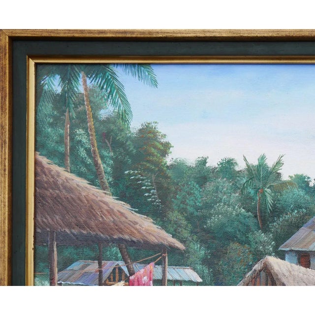 Abstract Late 20th Century Late 20th Century Modern Realist Green and Blue-Toned Rural Village Market Landscape Painting byJean-Felix Defournoy For Sale - Image 3 of 12