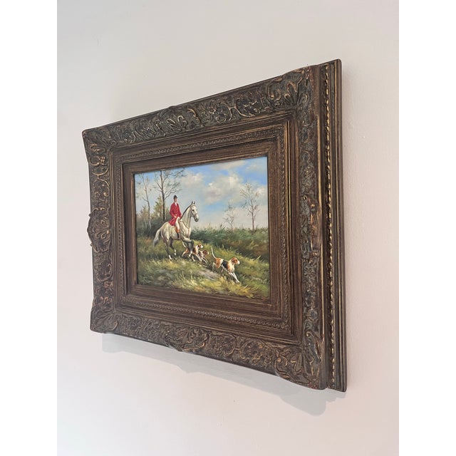 Vintage Fox Hunt Oil Painting Signed Luici in Ornate Carved Frame For Sale - Image 4 of 8