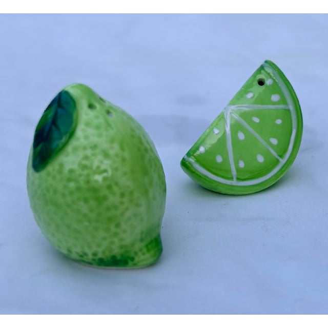 Ceramic Citrus Chic Trompe-l'Oeil Ceramic Sliced Lime Salt and Pepper Shakers - A Pair For Sale - Image 7 of 10