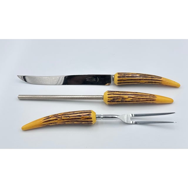 Sheffield Silver Co. Vintage E. Parker & Sons Sheffield Faux Antler Bakelite 3pc Carving Knife Set For Sale - Image 4 of 7