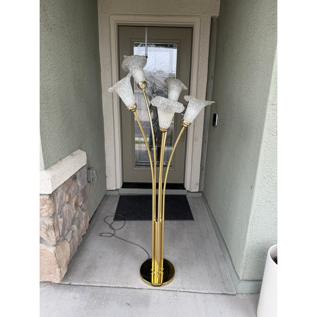 Vintage 5-Light Floor Lamp Polished Brass Body Stylized Calla Lily Flower Shades For Sale - Image 12 of 12