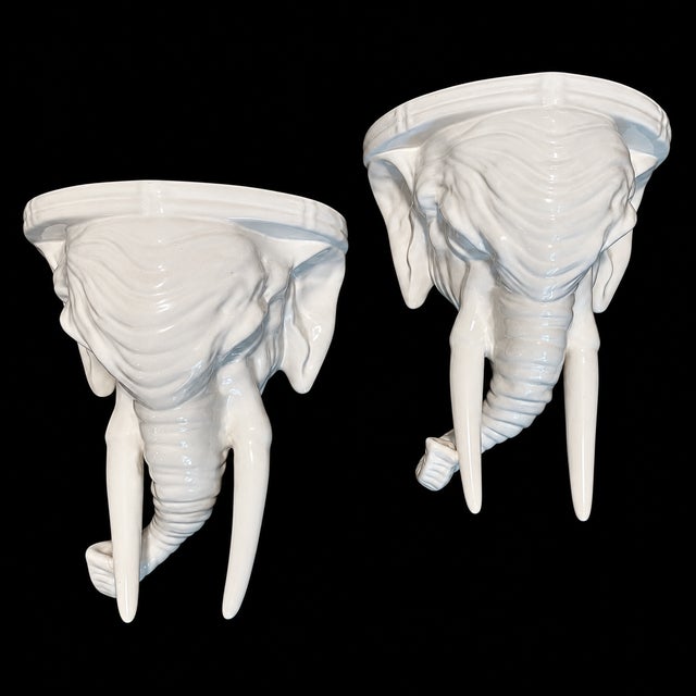 White Mid-Century White Glaze Elephant Head Wall Brackets- A Pair For Sale - Image 8 of 8