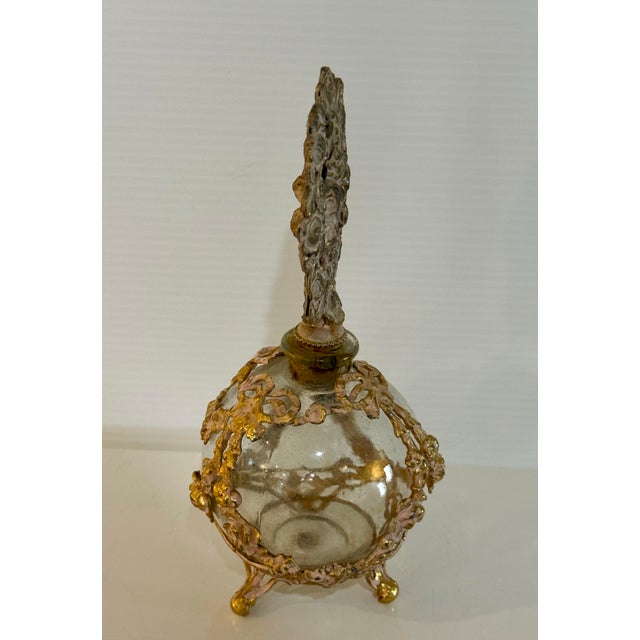 Vintage French Style Ormolu Glass Perfume Bottle With Floral Filigree Stopper Hollywood Regency For Sale - Image 4 of 12
