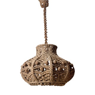 Hand-Knotted Jute Macrame Pendant Lamp with Sculptural Shade, 1970s For Sale