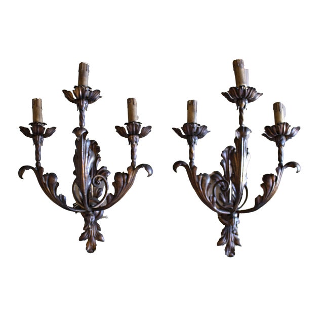 Vintage Baroque Style Three-Light Wall Lamps, 1950s, Set of 2 For Sale - Image 12 of 13