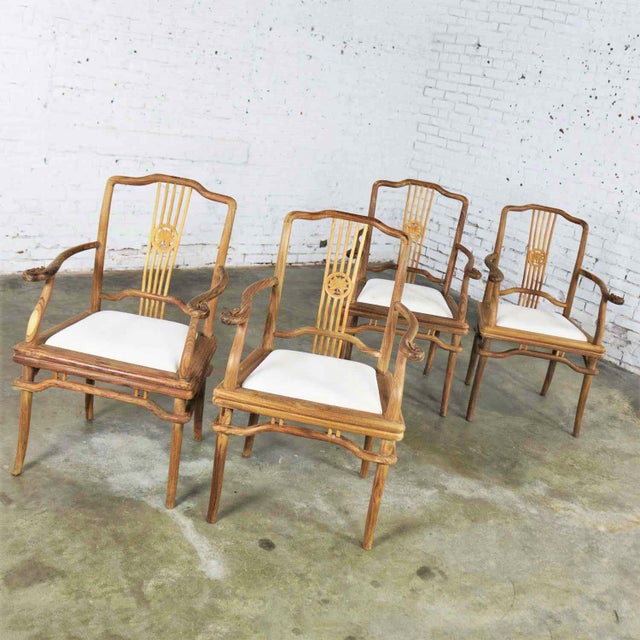 Set of Four Natural Teak Indonesian Ming Style Dining Armed Chairs With