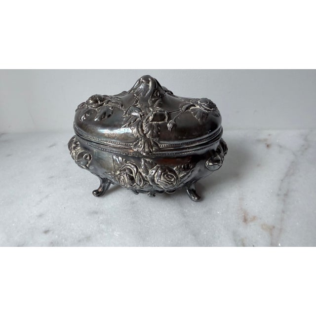 Antique Ornate Silver Plated Trinket Jewelry Box For Sale In Greensboro - Image 6 of 11