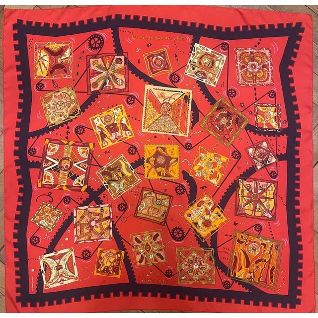 HERMES MÉCANIQUE des IDÉES red silk scarf designed Henry Christine 2004 France For Sale
