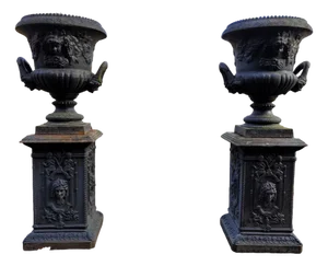 Large Antique French Baroque Cast Iron Vases on Column Castle Planters, Set of 4