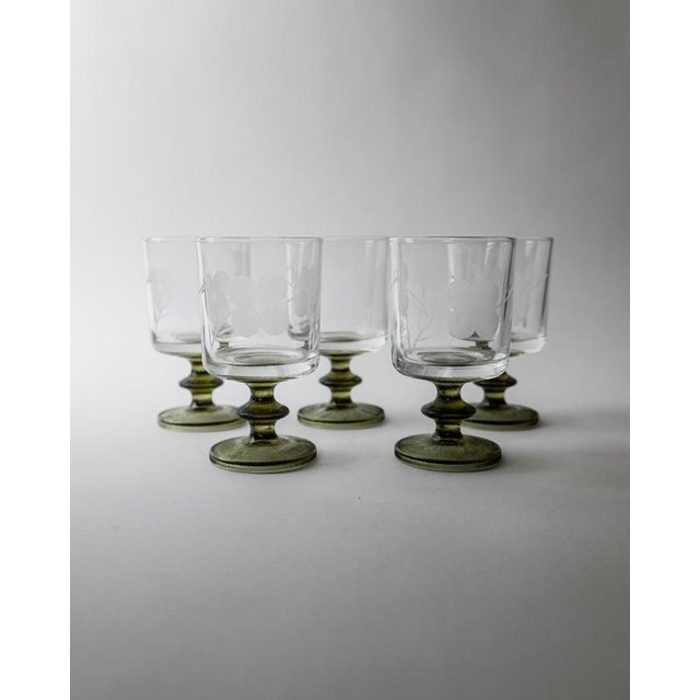 Vintage Etched Floral Clear Wine Glasses with Olive Green Stems, Set of 5 For Sale - Image 6 of 13