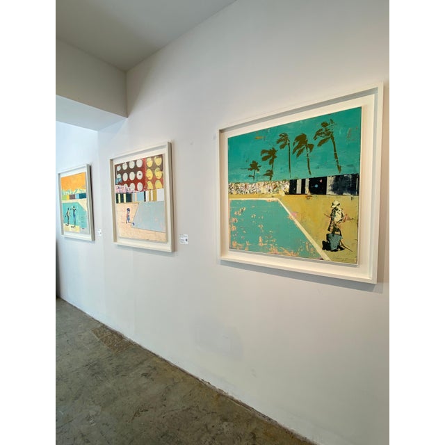Dan Parry-Jones – Girls, Pool and Palms Mixed Media on Panel 38.5 x 38.5 in (98 x 98 cm) White custom frame included In...